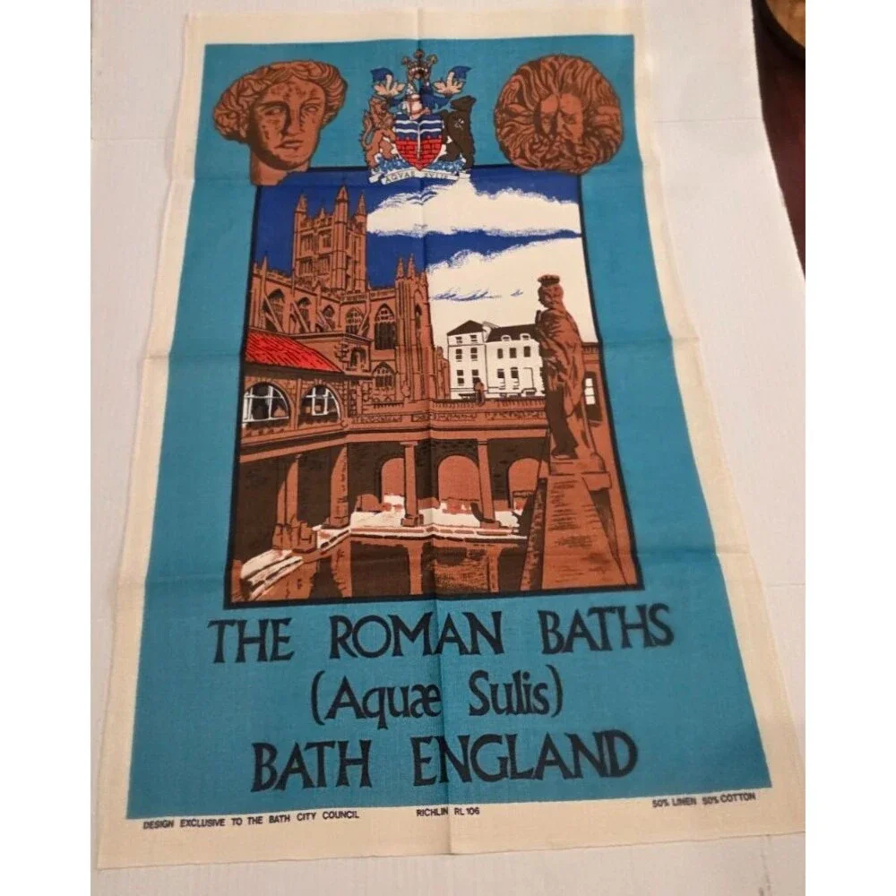Vintage Roman Baths England Linen Cotton Tea Towel Wall Hanging Bath 19
